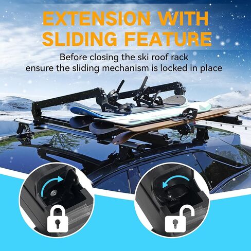 Ski& Snowboard Roof Racks, Ski Roof Racks with Anti-Theft Lock Slide Ski Racks Extending Carrier for Snowboards Universal Ski Top Holder Fits for Square/Aero/Oval Cross Bars, Black, Extra- Large in Saudi Arabia