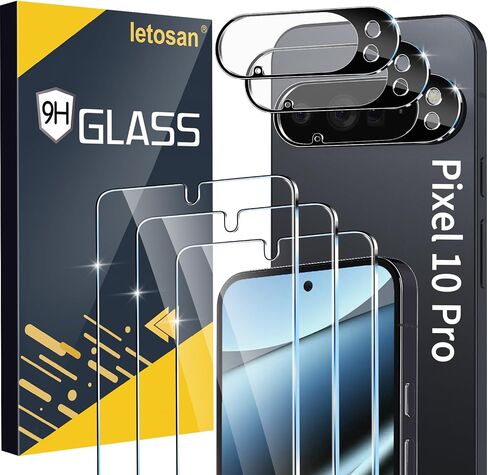 Letosan 3 Pack لـ Google Pixel 10 Pro واقي الشاشة من الزجاج المقسى + 3 عبوات من واقي عدسة الكاميرا، مقاوم للكسر من الدرجة العسكرية، صلابة 9H، فتح بصمة الإصبع، مناسب للحافظة 6.3 بوصة in Kuwait