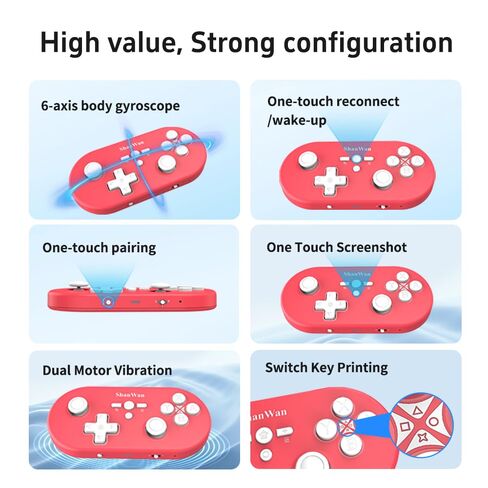 ShanWan Mini Bluetooth Controller ,for Switch 2/OLED/Lite, Steam Deck, PC, PS 4, Android & iOS, 1000Hz Polling Rate, Custom Macro Buttons, 6-Axis Gyro, Turbo Burst Function, Linear Motor Vibration（Red） in Saudi Arabia