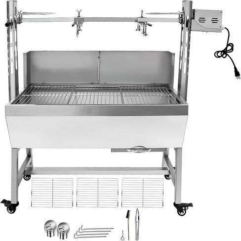 176LBS Stainless Steel Rotisserie Grill Roaster Small Pig Lamb with Back Cover Guard 25W Motor for Camping Outdoor BBQ Silver in Saudi Arabia