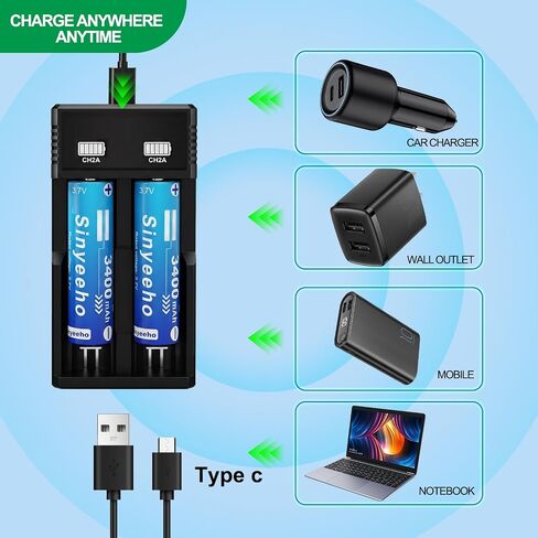 4-Pack Rechargeable Battery Charger Set 3400mAh High-Capacity Rechargeable Battery Pack, Battery Storage Case for 18650 Flat Top Batteries in Saudi Arabia