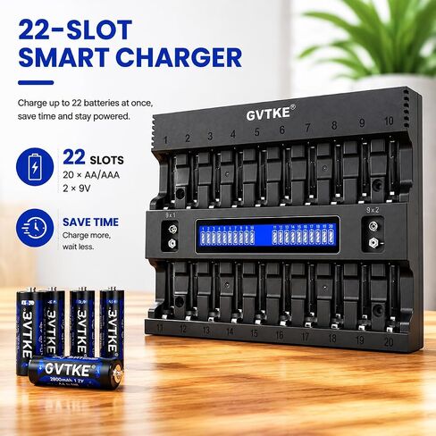 AA AAA Battery Charger,22 Bays Smart Universal LCD Display Battery Charger | 9V Battery Charger,For Team Users,Home,Karaoke,Security Dep.,Patrol Team,2-Year warranty in Saudi Arabia