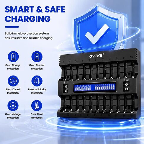 AA AAA Battery Charger,22 Bays Smart Universal LCD Display Battery Charger | 9V Battery Charger,For Team Users,Home,Karaoke,Security Dep.,Patrol Team,2-Year warranty in Saudi Arabia