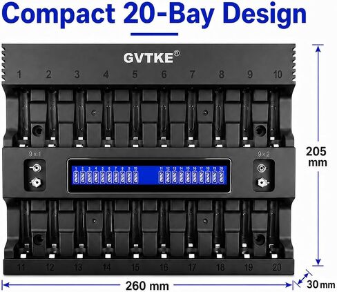AA AAA Battery Charger,22 Bays Smart Universal LCD Display Battery Charger | 9V Battery Charger,For Team Users,Home,Karaoke,Security Dep.,Patrol Team,2-Year warranty in Saudi Arabia