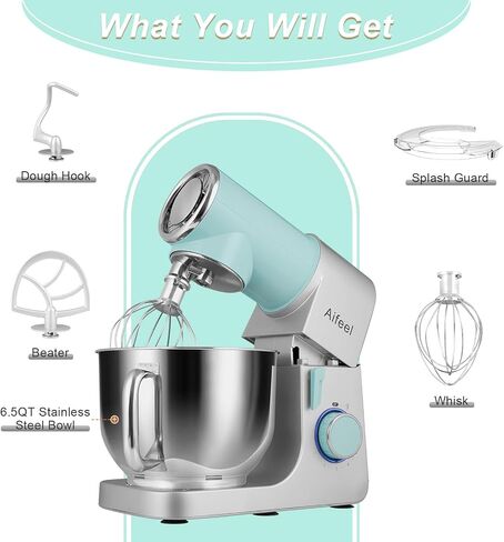 Stand Mixer,6.5QT Electric Mixer,700W DC Motor with Low Noise Green-Silver | Kitchen Mixer with Dough Hook,Flat Beater,Whisk,Splash Guard,7 Speeds,Dishwasher-Safe Attachments for Cake & Bread in Saudi Arabia