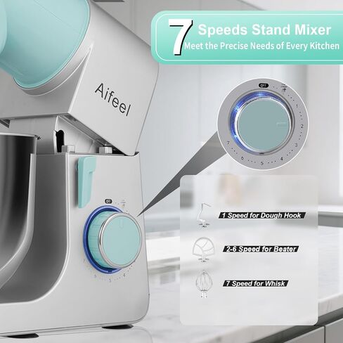Stand Mixer,6.5QT Electric Mixer,700W DC Motor with Low Noise Green-Silver | Kitchen Mixer with Dough Hook,Flat Beater,Whisk,Splash Guard,7 Speeds,Dishwasher-Safe Attachments for Cake & Bread in Saudi Arabia