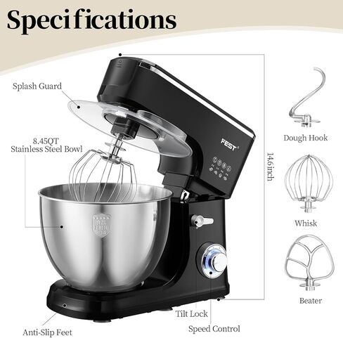 FEST 8.45QT Electric Kitchen Stand Mixer with 6 Speeds and 1500W Motor | Large mixing bowl, dough hook, whisk, beater and removable splash shield for bread, cakes, cookies, whipping and home baking in Saudi Arabia