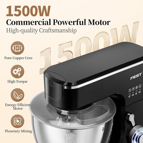 FEST 8.45QT Electric Kitchen Stand Mixer with 6 Speeds and 1500W Motor | Large mixing bowl, dough hook, whisk, beater and removable splash shield for bread, cakes, cookies, whipping and home baking in Saudi Arabia