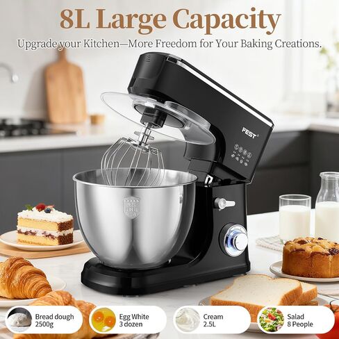 FEST 8.45QT Electric Kitchen Stand Mixer with 6 Speeds and 1500W Motor | Large mixing bowl, dough hook, whisk, beater and removable splash shield for bread, cakes, cookies, whipping and home baking in Saudi Arabia