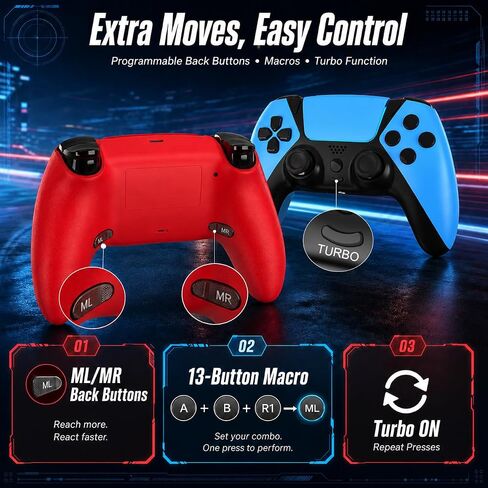 Wireless for PS4 Controller with Anti Drift ALPS Stick Back Paddles Turbo | Work with PlayStation 4/Slim/Pro,13-button Macro,1200mAh Battery,Type-C Charging,4-way Game Feedback,2 Pack for DualShock in Saudi Arabia