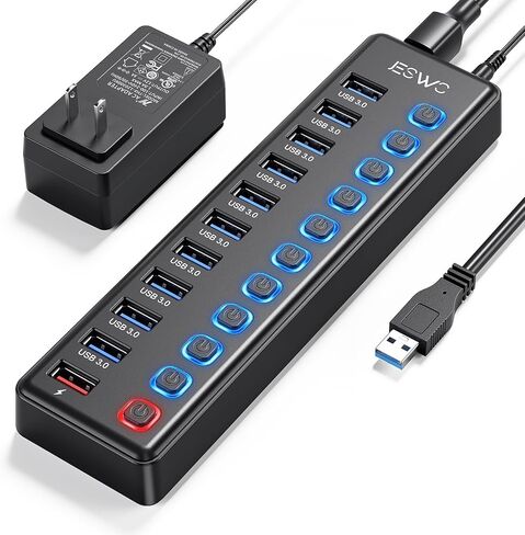 Powered USB Hub, JESWO 11 Port USB 3.0 Hub, 10 USB 3.0 Data Transfer Ports + 1 Smart Charging Port, USB Hub Powered with Individual LED On/Off Switches and 12V/3A Power Adapter in Saudi Arabia