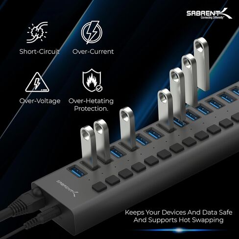 SABRENT 16-Port USB 3.0 Data Hub & Charger, 90W (HB-PU16) | Individual power switches; 90W high-power output; charge and sync multiple devices; powered usb hub in Saudi Arabia