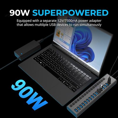 SABRENT 16-Port USB 3.0 Data Hub & Charger, 90W (HB-PU16) | Individual power switches; 90W high-power output; charge and sync multiple devices; powered usb hub in Saudi Arabia