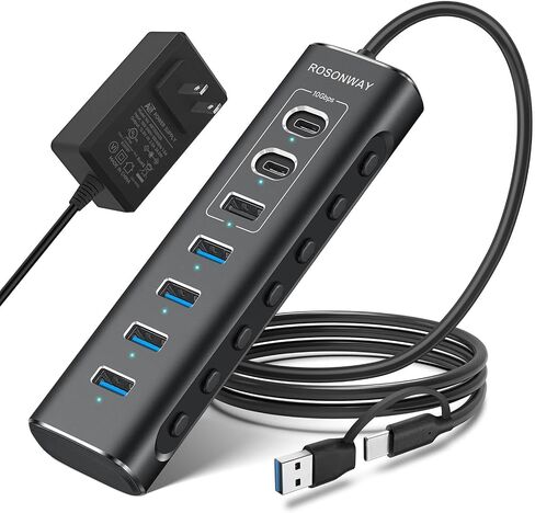 Powered USB Hub, Rosonway 7-Port USB 3.2/USB C Hub with 10Gbps USB-A 3.2, 2 USB-C 3.2, 4 USB 3.0 Ports, Individual Switches and 12V Power Adapter, Aluminum USB Port Expander for Laptop/PC, RSH-A107C in Saudi Arabia