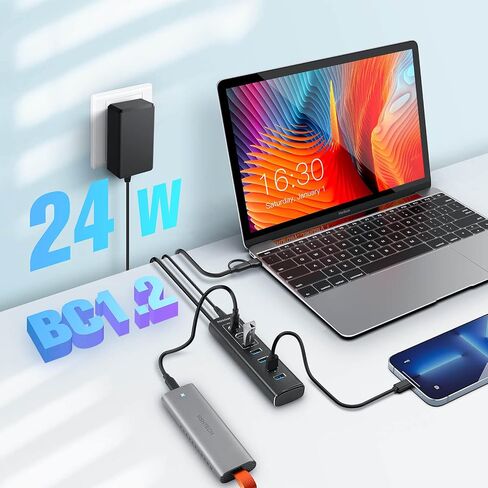 Powered USB Hub, Rosonway 7-Port USB 3.2/USB C Hub with 10Gbps USB-A 3.2, 2 USB-C 3.2, 4 USB 3.0 Ports, Individual Switches and 12V Power Adapter, Aluminum USB Port Expander for Laptop/PC, RSH-A107C in Kuwait