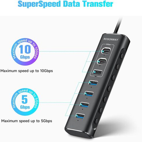 Powered USB Hub, Rosonway 7-Port USB 3.2/USB C Hub with 10Gbps USB-A 3.2, 2 USB-C 3.2, 4 USB 3.0 Ports, Individual Switches and 12V Power Adapter, Aluminum USB Port Expander for Laptop/PC, RSH-A107C in Kuwait