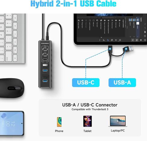Powered USB Hub, Rosonway 7-Port USB 3.2/USB C Hub with 10Gbps USB-A 3.2, 2 USB-C 3.2, 4 USB 3.0 Ports, Individual Switches and 12V Power Adapter, Aluminum USB Port Expander for Laptop/PC, RSH-A107C in Kuwait