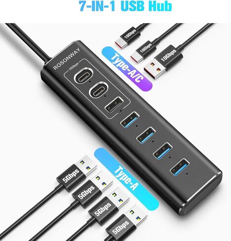 Powered USB Hub, Rosonway 7-Port USB 3.2/USB C Hub with 10Gbps USB-A 3.2, 2 USB-C 3.2, 4 USB 3.0 Ports, Individual Switches and 12V Power Adapter, Aluminum USB Port Expander for Laptop/PC, RSH-A107C in Kuwait