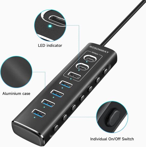 Powered USB Hub, Rosonway 7-Port USB 3.2/USB C Hub with 10Gbps USB-A 3.2, 2 USB-C 3.2, 4 USB 3.0 Ports, Individual Switches and 12V Power Adapter, Aluminum USB Port Expander for Laptop/PC, RSH-A107C in Kuwait