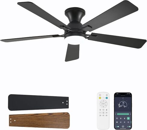 Ceiling Fans with Lights, 52 Inch Low Profile Ceiling Fan with Light and Remote Control, Flush Mount, Reversible, 3CCT, Dimmable LED, Quiet, Gold Ceiling Fan for Bedroom, Living Room in Saudi Arabia