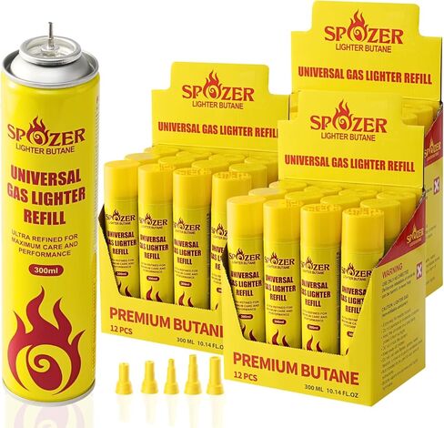 Spozer Butane Refill Ultra Refined Universal Lighter Fluid 300ml, 12 Pack | 99.999% Pure Torch Lighter Gas • Metal Nozzle & 5 Refill Adapters • For Lighters Culinary Use and Stove Refilling in Saudi Arabia