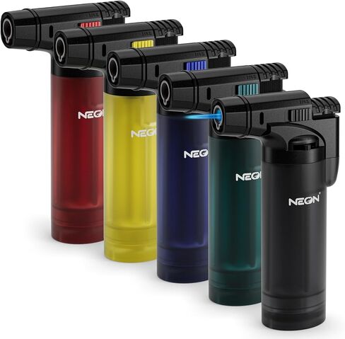 NEON 5 Pack Torch Lighters with Visible Fuel Window Jet Flame Multi Utility Lighter, Windproof, Safe, Butane Refillable Torch Lighter for Candle Grill BBQ Fireplaces in Saudi Arabia