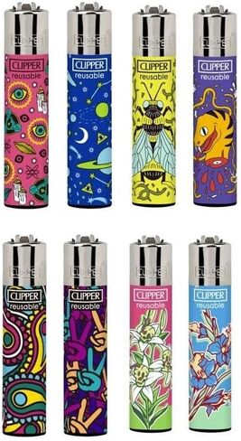 Clipper Mystery 8 Pack Butane Refillable Lighters, Assorted Colors | Random Selection of Popular Designs, Safe, Reusable, Colors and Designs Will Vary in Kuwait