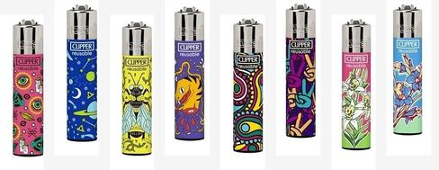Clipper Mystery 8 Pack Butane Refillable Lighters, Assorted Colors | Random Selection of Popular Designs, Safe, Reusable, Colors and Designs Will Vary in Kuwait