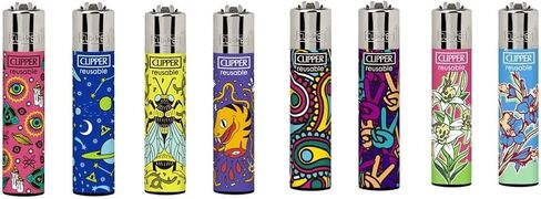 Clipper Mystery 8 Pack Butane Refillable Lighters, Assorted Colors | Random Selection of Popular Designs, Safe, Reusable, Colors and Designs Will Vary in Kuwait