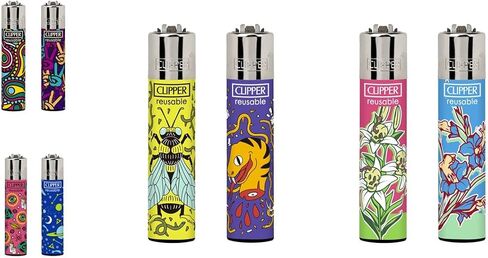 Clipper Mystery 8 Pack Butane Refillable Lighters, Assorted Colors | Random Selection of Popular Designs, Safe, Reusable, Colors and Designs Will Vary in Kuwait