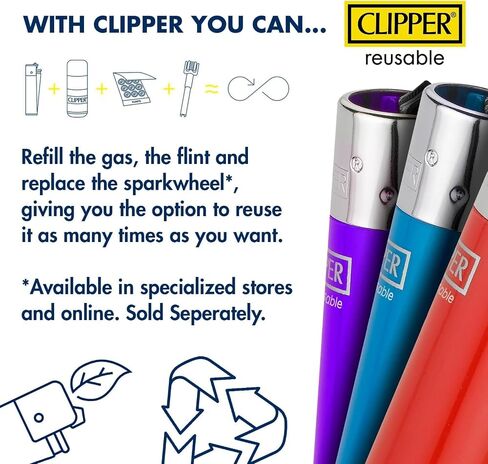 Clipper Mystery 8 Pack Butane Refillable Lighters, Assorted Colors | Random Selection of Popular Designs, Safe, Reusable, Colors and Designs Will Vary in Kuwait