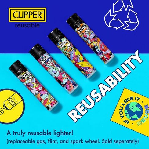 Clipper Mystery 8 Pack Butane Refillable Lighters, Assorted Colors | Random Selection of Popular Designs, Safe, Reusable, Colors and Designs Will Vary in Kuwait