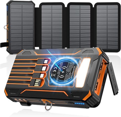 SOARAISE Solar Power Bank 48000mAh Wireless Portable Charger with 4 Cables | Solar Charger with 4 Solar Panels, 48000mAh High Capacity, PD QC 3.0 Fast Charging Battery Pack, Flashlights for Camping in Saudi Arabia