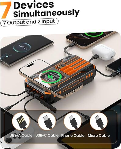 SOARAISE Solar Power Bank 48000mAh Wireless Portable Charger with 4 Cables | Solar Charger with 4 Solar Panels, 48000mAh High Capacity, PD QC 3.0 Fast Charging Battery Pack, Flashlights for Camping in Saudi Arabia