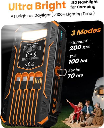 SOARAISE Solar Power Bank 48000mAh Wireless Portable Charger with 4 Cables | Solar Charger with 4 Solar Panels, 48000mAh High Capacity, PD QC 3.0 Fast Charging Battery Pack, Flashlights for Camping in Saudi Arabia