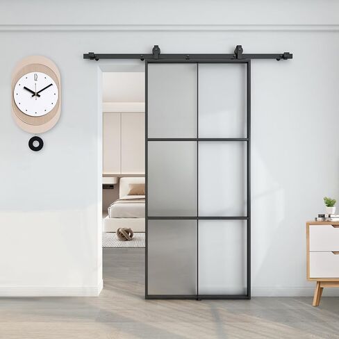 BARNSMITH 38in x 96in Glass Barn Door with 6.6FT Hardware Included, Aluminum Alloy Frame Frosted Tempered Glass, 6-Lite Lightweight Sliding Barn Door, Easy Assembly in Kuwait