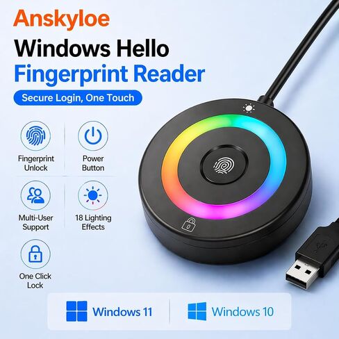 USB Fingerprint Reader for Windows Hello | PC Power Button, RGB Lighting, One-Click Lock, Auto Driver Install, 5ft Extension Cable in Saudi Arabia