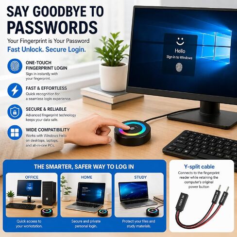 USB Fingerprint Reader for Windows Hello | PC Power Button, RGB Lighting, One-Click Lock, Auto Driver Install, 5ft Extension Cable in Saudi Arabia