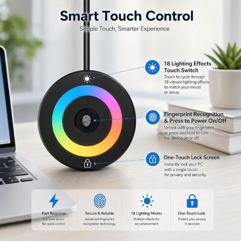 USB Fingerprint Reader for Windows Hello | PC Power Button, RGB Lighting, One-Click Lock, Auto Driver Install, 5ft Extension Cable in Saudi Arabia