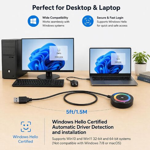 USB Fingerprint Reader for Windows Hello | PC Power Button, RGB Lighting, One-Click Lock, Auto Driver Install, 5ft Extension Cable in Saudi Arabia