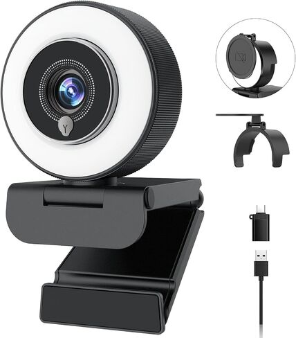 Angetube 4K Webcam with Ring Light, Computer Web Camera for Desktop, Laptop | 4K@30FPS, PDAF Autofocus, 1080P@60FPS, 2 Microphones, USB-A/C, Privacy Cover, Streaming Web Cam for PC Mac, Zoom Teams Twitch in Kuwait