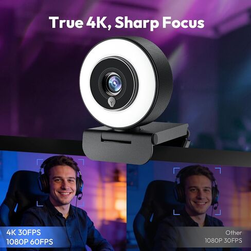 Angetube 4K Webcam with Ring Light, Computer Web Camera for Desktop, Laptop | 4K@30FPS, PDAF Autofocus, 1080P@60FPS, 2 Microphones, USB-A/C, Privacy Cover, Streaming Web Cam for PC Mac, Zoom Teams Twitch in Kuwait