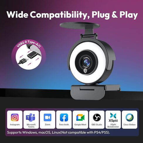 Angetube 4K Webcam with Ring Light, Computer Web Camera for Desktop, Laptop | 4K@30FPS, PDAF Autofocus, 1080P@60FPS, 2 Microphones, USB-A/C, Privacy Cover, Streaming Web Cam for PC Mac, Zoom Teams Twitch in Kuwait
