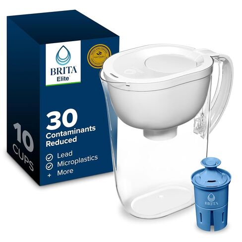 Brita Large 10-Cup Water Filter Pitcher, WQA NSF/ANSI Certified, Reduces 99% of Lead, Microplastics, & 30 Contaminants, BPA-Free, Removes Chlorine Taste & Odor, 1 Elite Filter, White in Kuwait