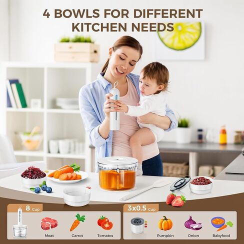 Glass Food Processor with 4 Blades & 4 Bowls (8 Cup + 3x0.5 Cup), Small Food Processor& Meat Grinder - Compact Design for Meal Prep, Baby Food, Sauces - Dishwasher Safe in Saudi Arabia