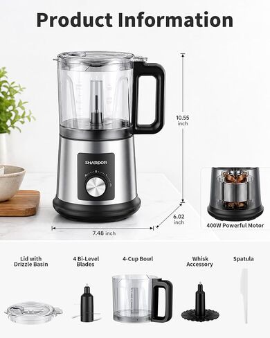 SHARDOR Electric Food Processor, 4 Cup Food Chopper with 3 Speed Settings (Pulse + Hands-Free 1&2), 400W Powerful Motor, 4 Bi-Level Blades and Whisk Attachment, BPA-Free, Stainless Steel in Saudi Arabia