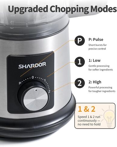 SHARDOR Electric Food Processor, 4 Cup Food Chopper with 3 Speed Settings (Pulse + Hands-Free 1&2), 400W Powerful Motor, 4 Bi-Level Blades and Whisk Attachment, BPA-Free, Stainless Steel in Saudi Arabia