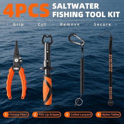 4-Piece Fishing Tool Kit, Stainless Steel Pliers, Orange | For Hook Removal And Crimping, Corrosion-Resistant Hardware, Coiled Lanyard, Braid Cutter in Saudi Arabia