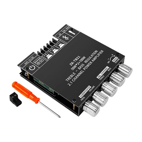 ZK-MT21 2.1 Channel Bluetooth Amplifier Board – Mini 12V-24V Audio Amplifier with Subwoofer Output, Bass Treble Control 50W+50W+100W– DIY HiFi Home TV Amp for Passive Speakers in Kuwait