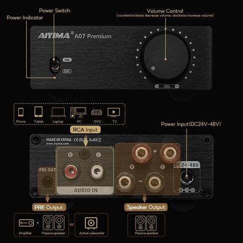 AIYIMA A07 Premium TPA3255 Power Stereo Amplifier with AUX Pre-Out 300W*2 | Swappable Op-Amp | 2 channel Desktop integrated Class D Stereo HiFi Amp For Passive Bookshelf Speaker & 2.0/2.1 Home theater in Saudi Arabia